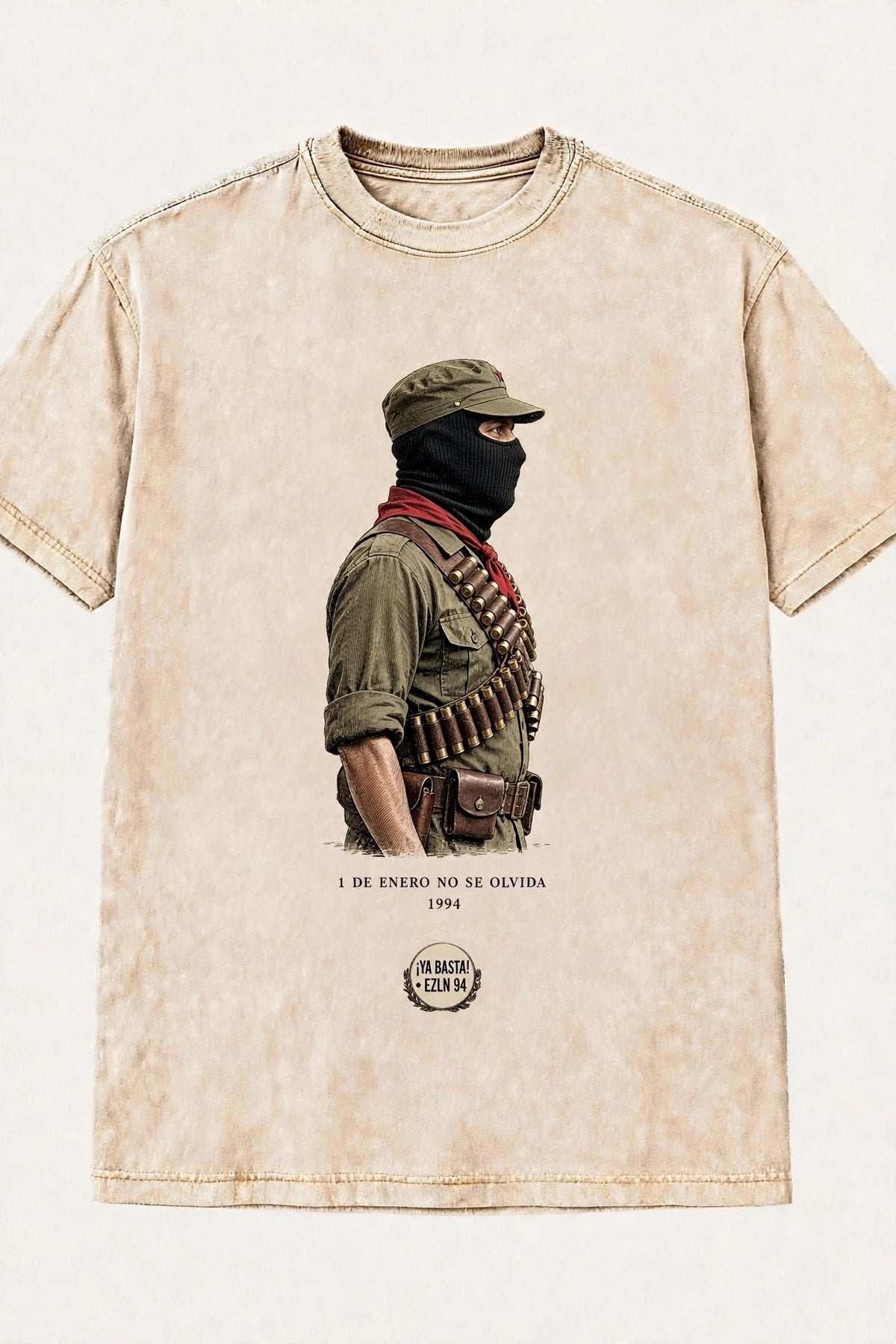 Subcomandante Marcos – "Chiapas No Se Olvida 1994" Vintage Student Tee | Acid-Washed Beige