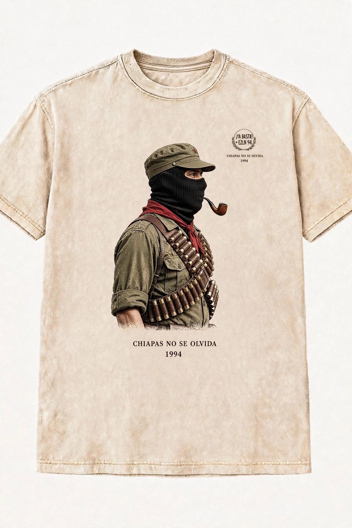 Subcomandante Marcos – "Chiapas No Se Olvida 1994" Vintage Student Tee | Acid-Washed Beige