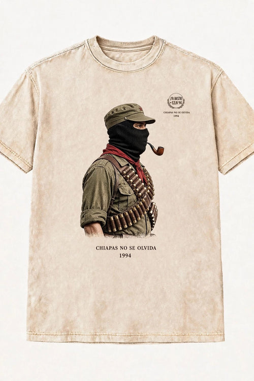 Subcomandante Marcos – "Chiapas No Se Olvida 1994" Vintage Student Tee | Acid-Washed Beige