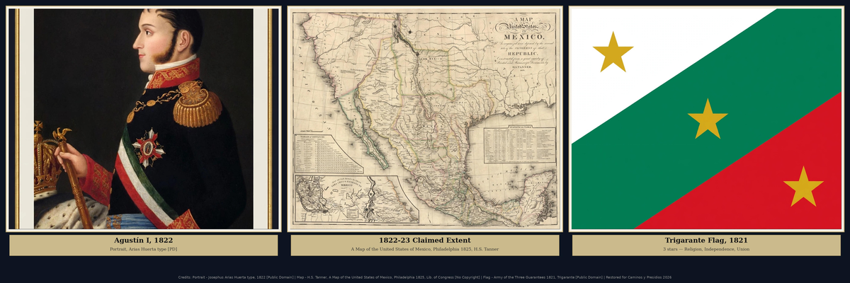 First Mexican Empire Triptych (1821-1823) — Emperor Agustín I, Imperial Map & Trigarante Flag — Framed Museum Print | Caminos y Presidios